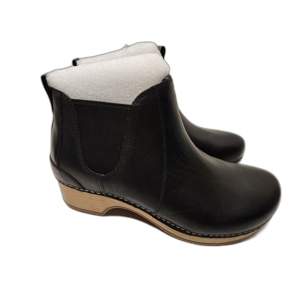 Dansko Black Leather Ankle Booties with Tan Wood-Look Heel